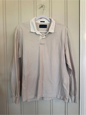 Abercrombie & Fitch Men's Long-Sleeve Polo Shirt in Light Beige Oversized